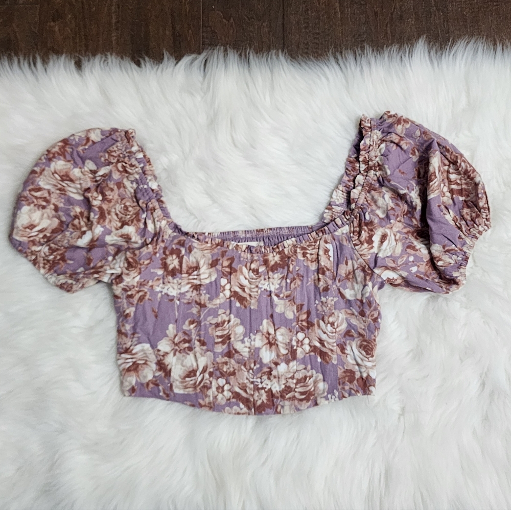 Altar'd State Floral Puff Sleeve Corset Top - Mauve/Lilac Cottagecore